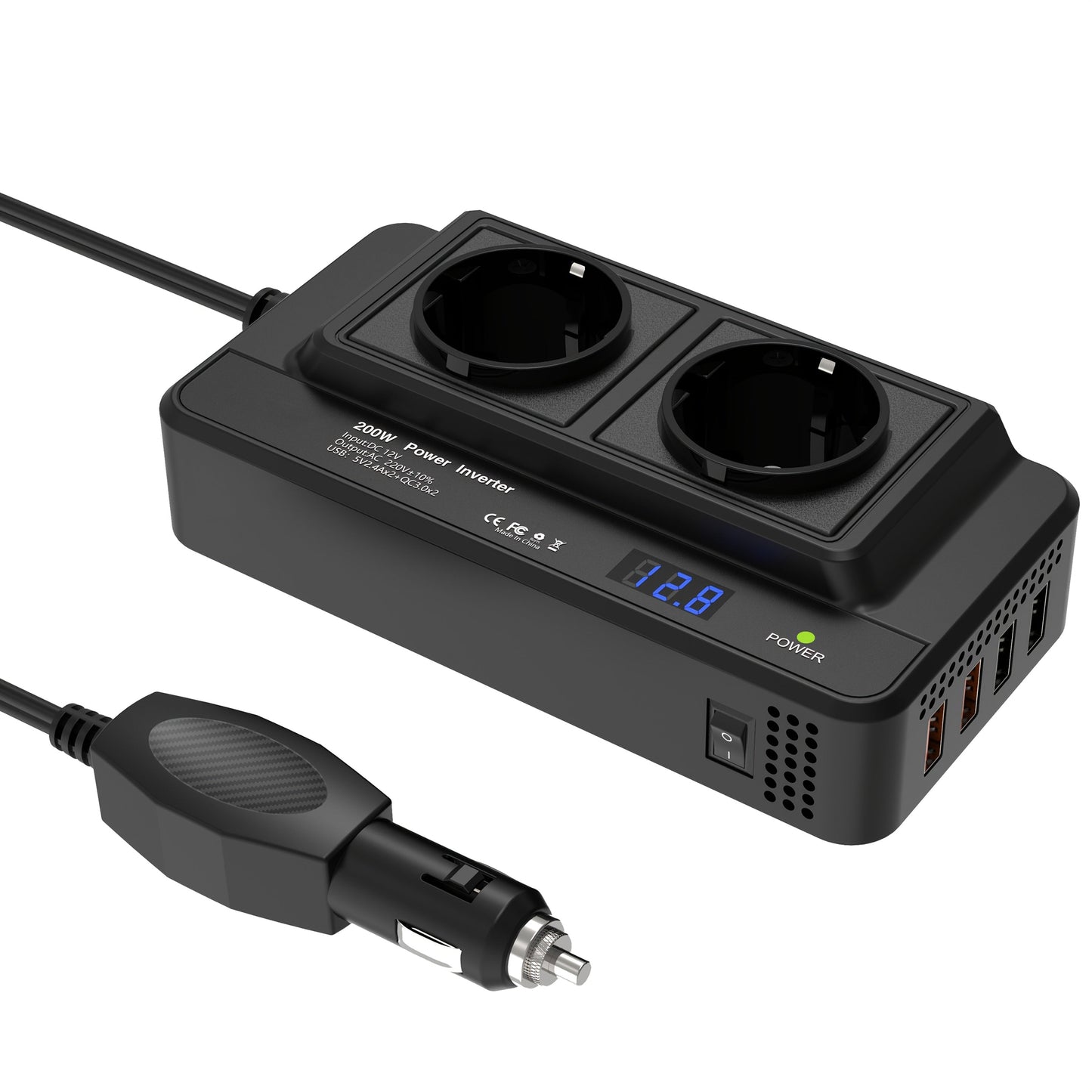 Kompaktan 200W auto pretvarač struje – Dvostruke utičnice i četverostruki USB