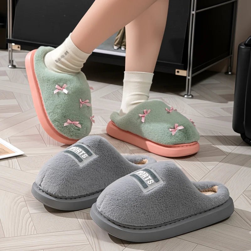 Zapatillas de casa de felpa para mujer con lazos