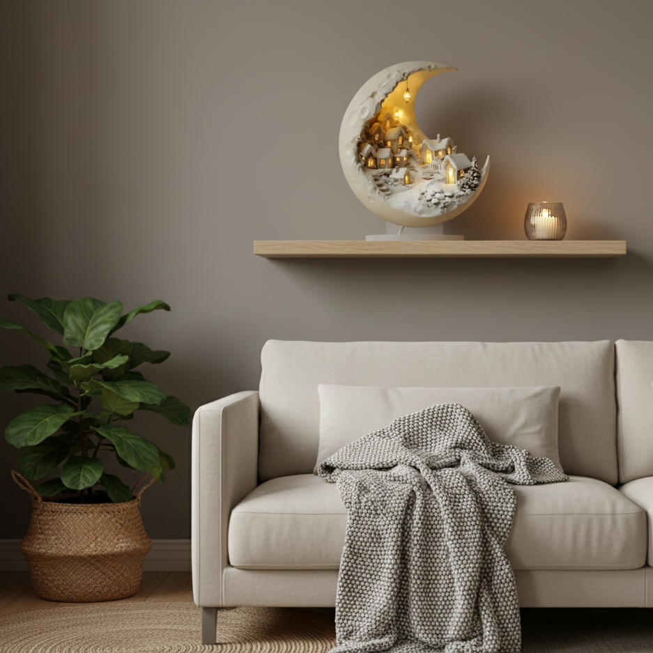 Decoração lunar iluminada com paisagem de uma aldeia de inverno