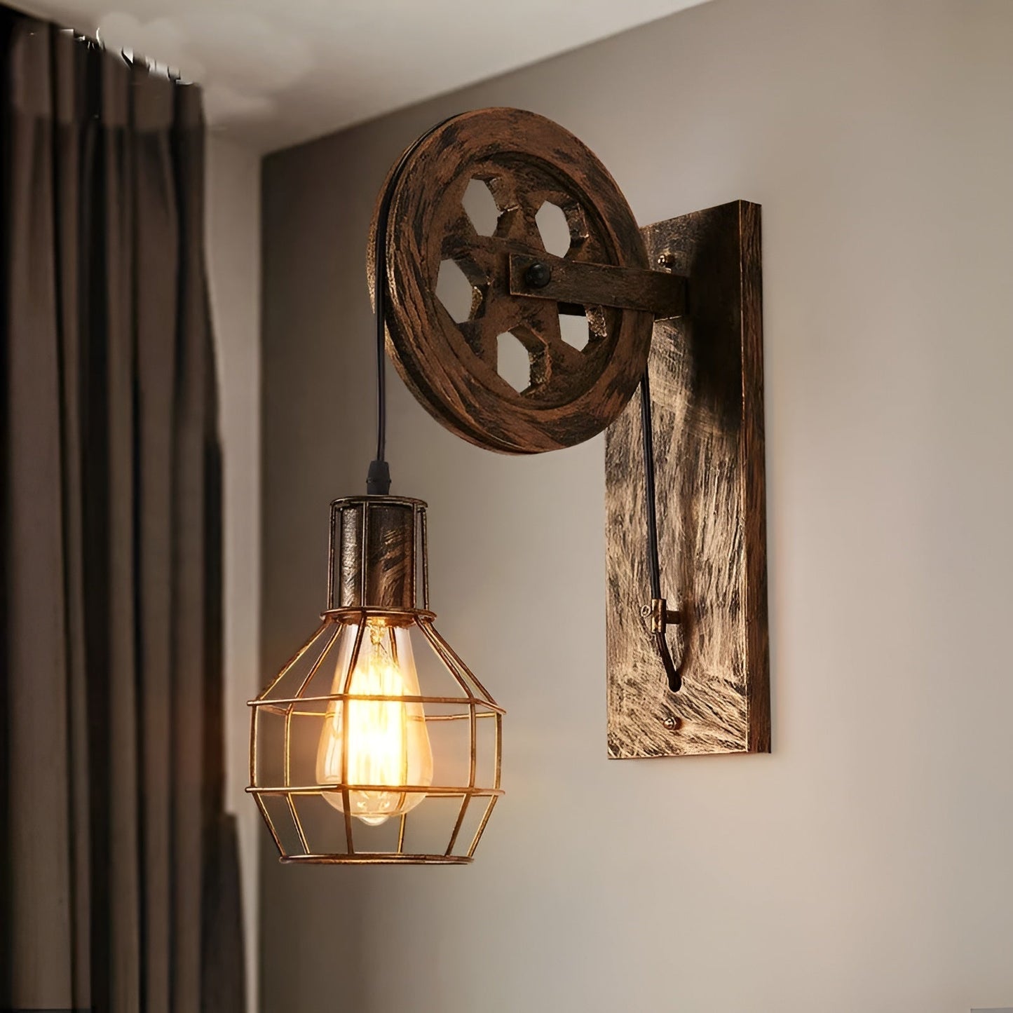 Lámpara de pared industrial con diseño de polea