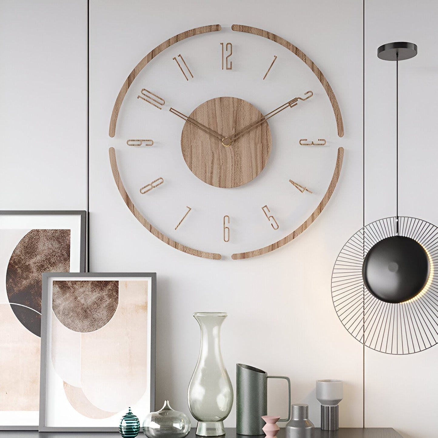Geräuschlose Wanduhr mit Holzrahmen und transparentem Zifferblatt