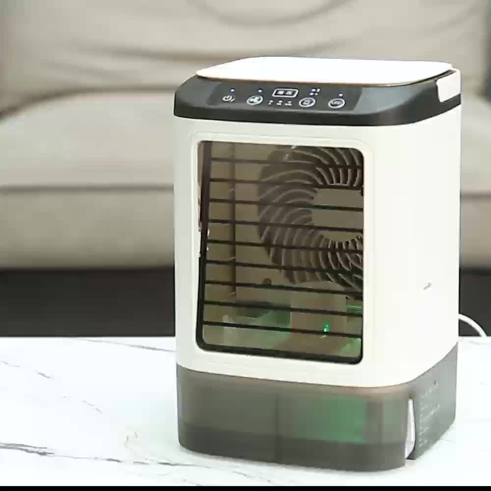 Mini aire acondicionado portátil refrigerado por agua, alimentado por USB y con tanque grande.
