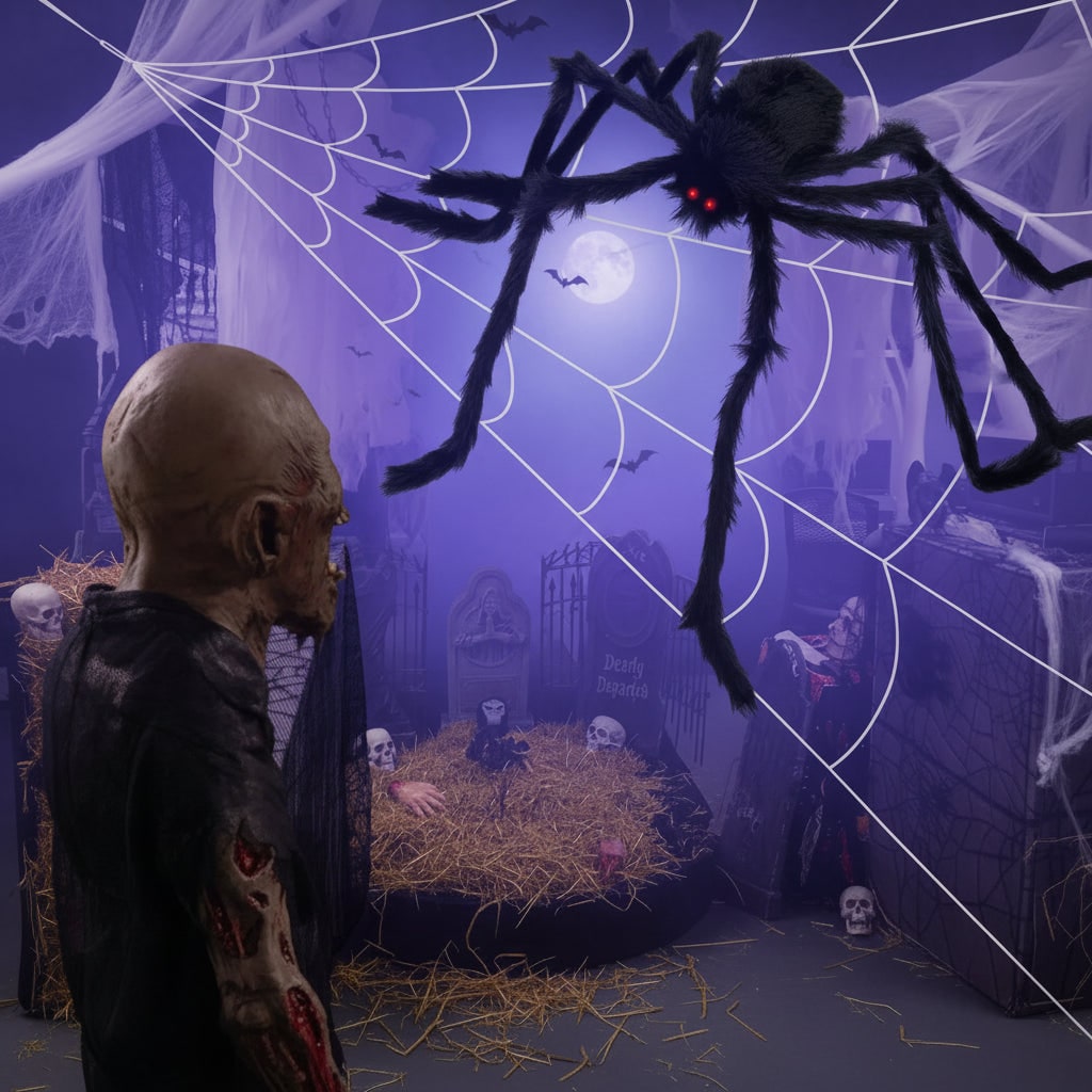 Riesige Halloween-Spinne mit beweglichen Beinen und Spinnennetz