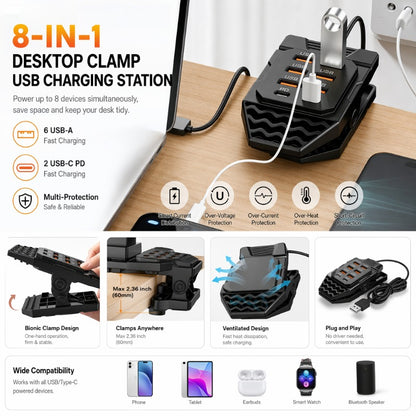 Hub de carregamento USB com 8 portas e grampo de mesa