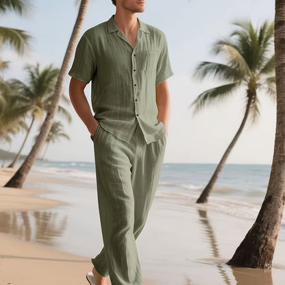 Conjunto casual para homem em linho – Confortável e arejado, com calças compridas e mangas curtas.