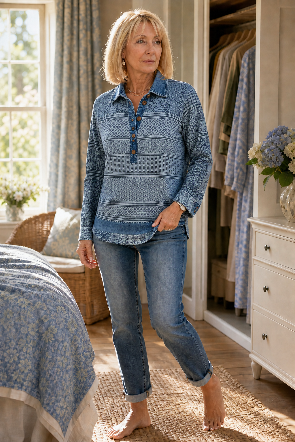 Damen Langarmshirt mit Jeansdetails und Knopfleiste