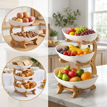 Cesto de fruta com vários níveis e compartimentos de arrumação