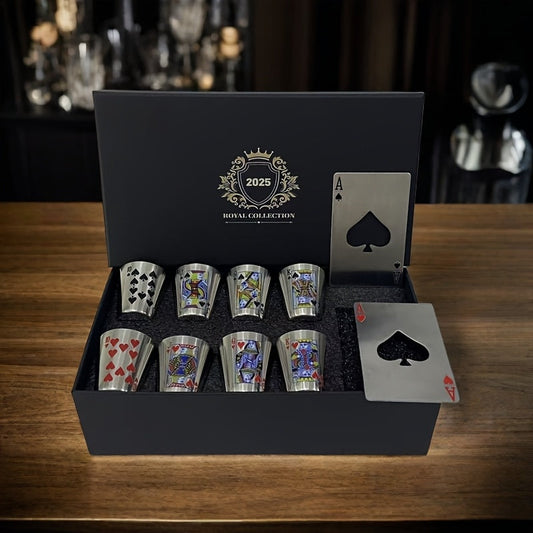 Juego de vasos de whisky con naipes reales (acero inoxidable y abridor de botellas)
