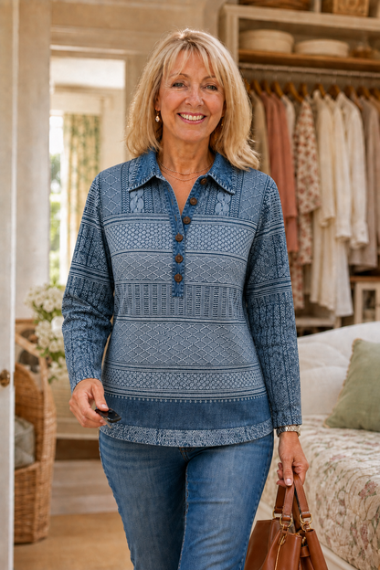 Damen Langarmshirt mit Jeansdetails und Knopfleiste