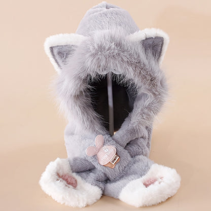 Gorro de peluche para crianças com capuz e design de gato