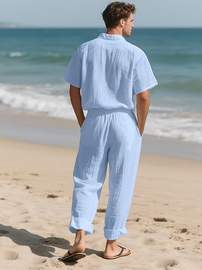 Conjunto casual para homem em linho – Confortável e arejado, com calças compridas e mangas curtas.
