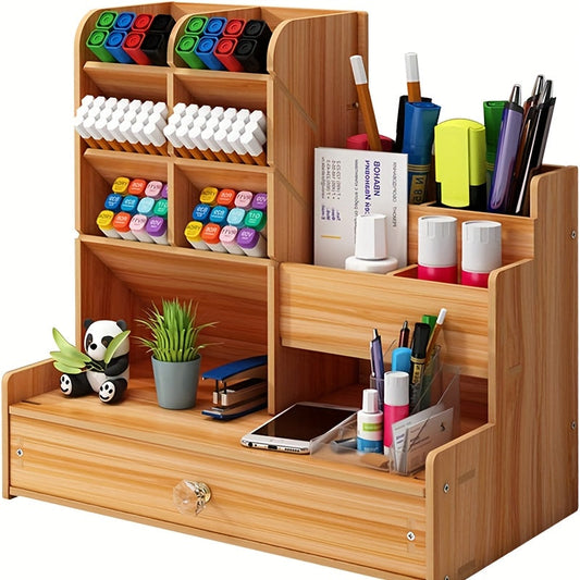 Amplio estante de escritorio de bambú con cajón: organice su espacio de trabajo de manera eficiente y con estilo.