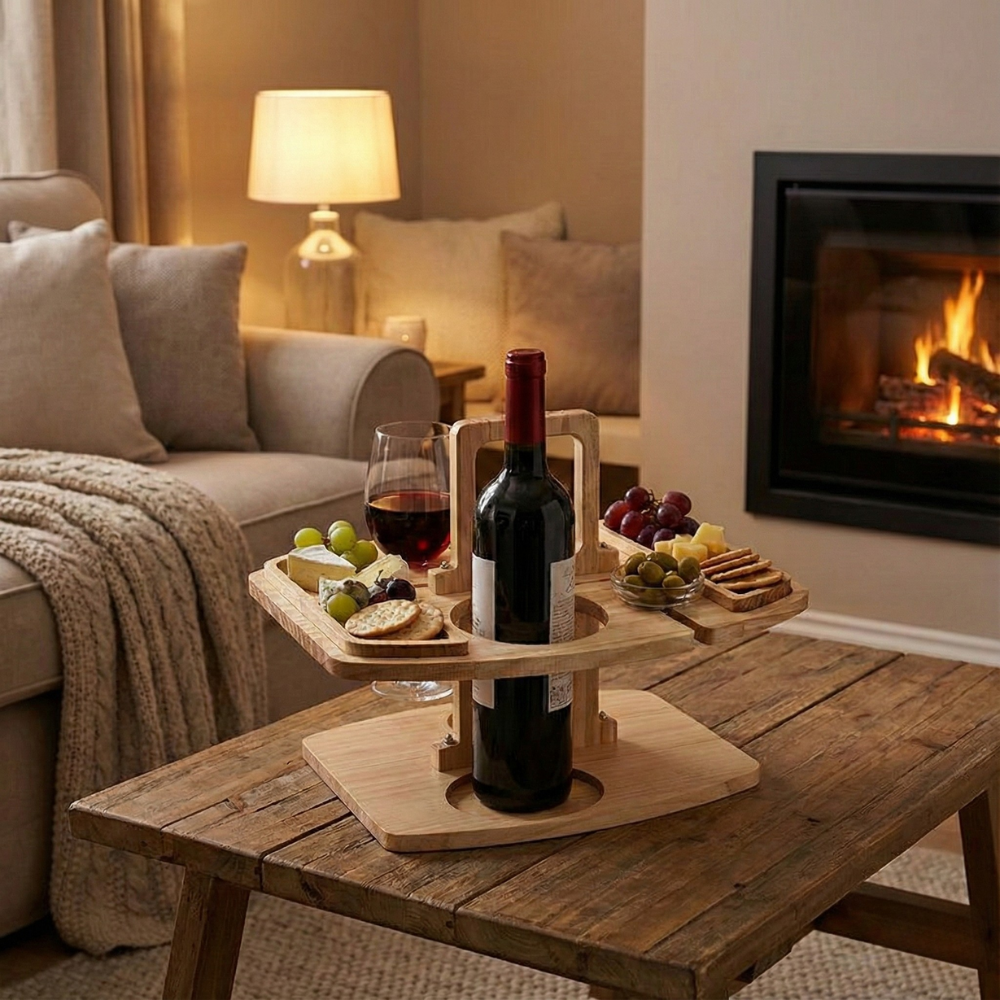 Mesa de vinho portátil em madeira para piqueniques e aperitivos