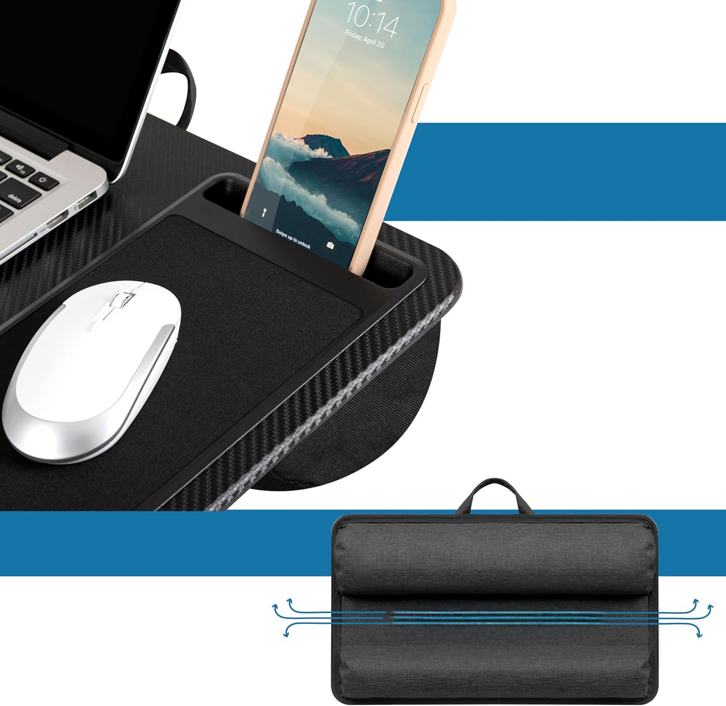 Secretária portátil para computador portátil com suporte para dispositivos e pega de transporte