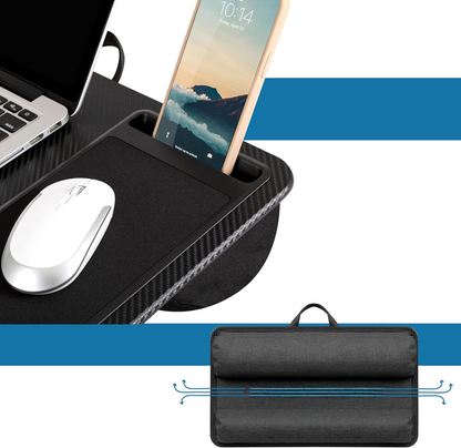 Secretária portátil para computador portátil com suporte para dispositivos e pega de transporte