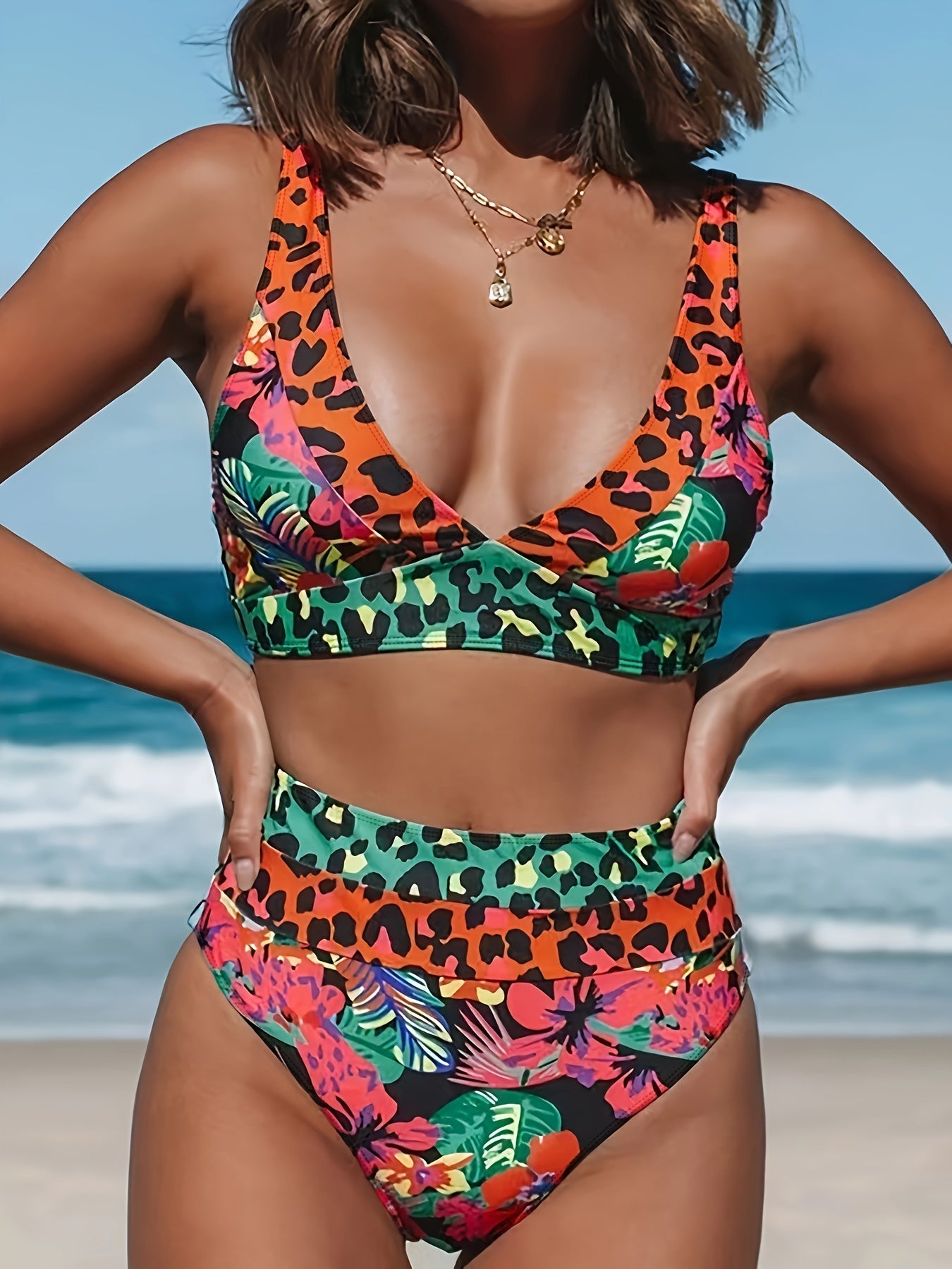 Tropski leopard bikini set s visokim strukom – Stilski i udoban