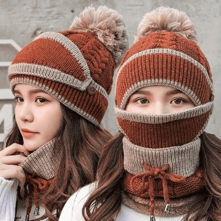 Conjunto de invierno 3 en 1 para mujer con gorro, bufanda y mascarilla facial