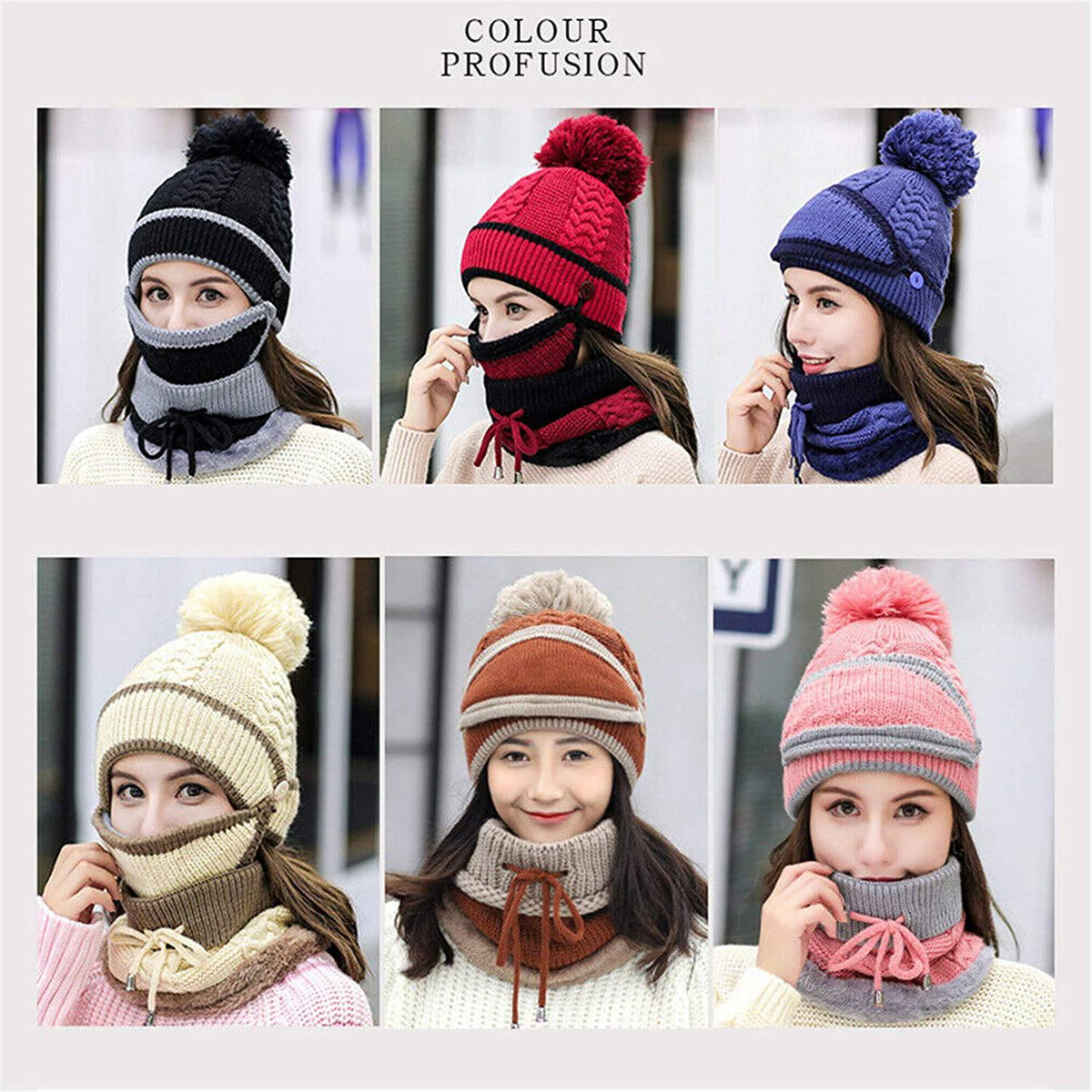 Conjunto de invierno 3 en 1 para mujer con gorro, bufanda y mascarilla facial