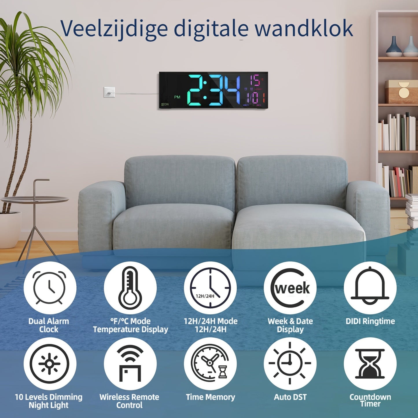 LumiWall digitalni zidni sat – Velik, u boji i lako čitljiv