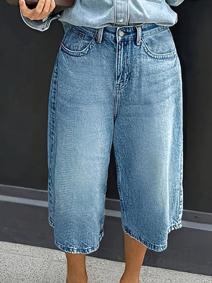 Calções de ganga plus size de cintura subida e tecido elástico – Calças casuais de verão com bolsos e corte largo.