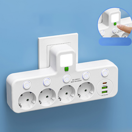 Regleta de pared con 4 tomas, puertos USB y luz nocturna