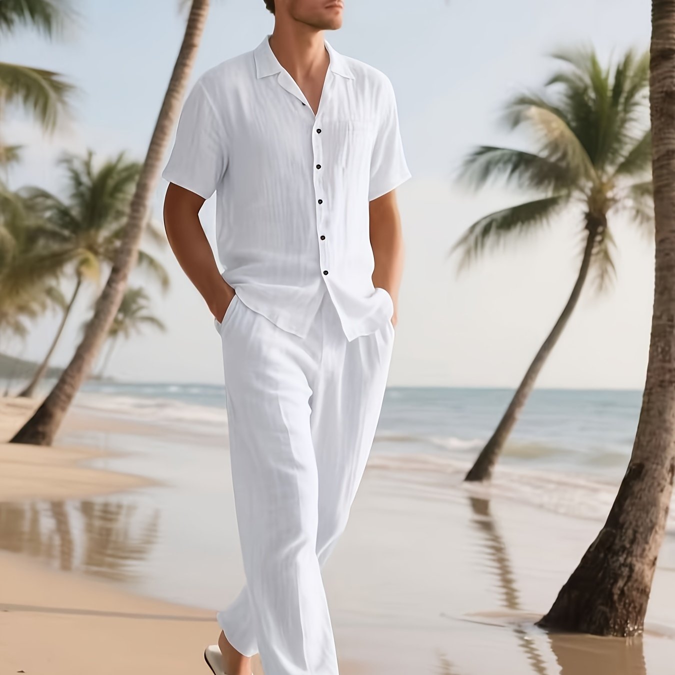 Conjunto casual para homem em linho – Confortável e arejado, com calças compridas e mangas curtas.