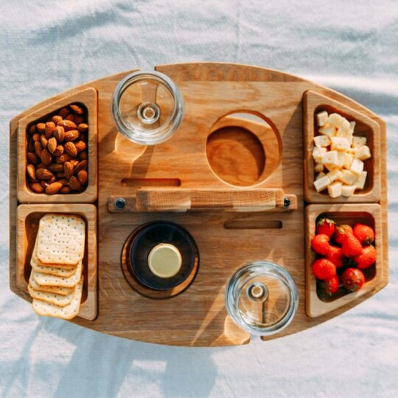Eleganter Eichen-Picknick-Weintisch – Kompakt & Vielseitig
