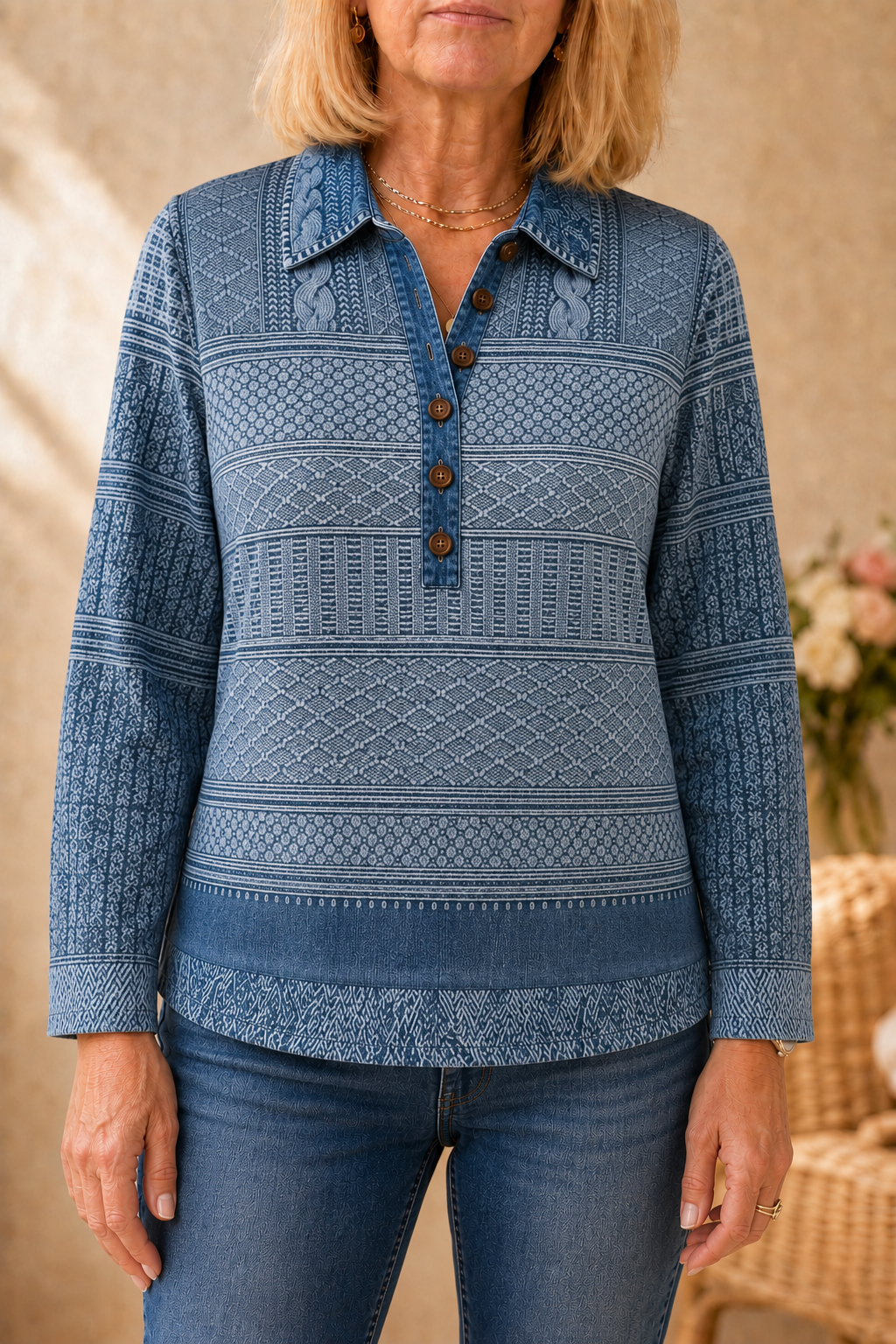 Damen Langarmshirt mit Jeansdetails und Knopfleiste