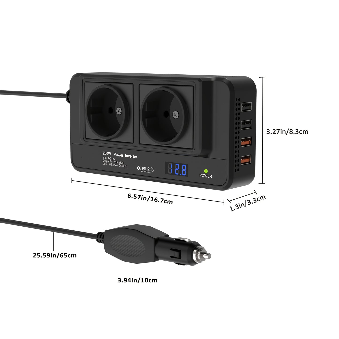 Kompaktan 200W auto pretvarač struje – Dvostruke utičnice i četverostruki USB