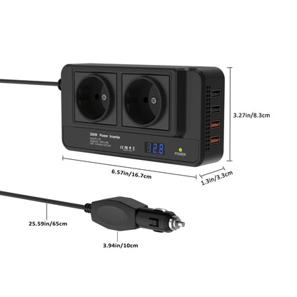 Kompaktan 200W auto pretvarač struje – Dvostruke utičnice i četverostruki USB