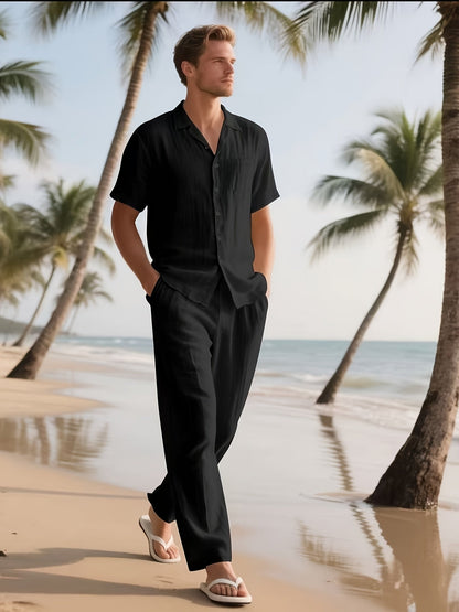 Conjunto casual para homem em linho – Confortável e arejado, com calças compridas e mangas curtas.