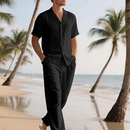 Conjunto casual para homem em linho – Confortável e arejado, com calças compridas e mangas curtas.