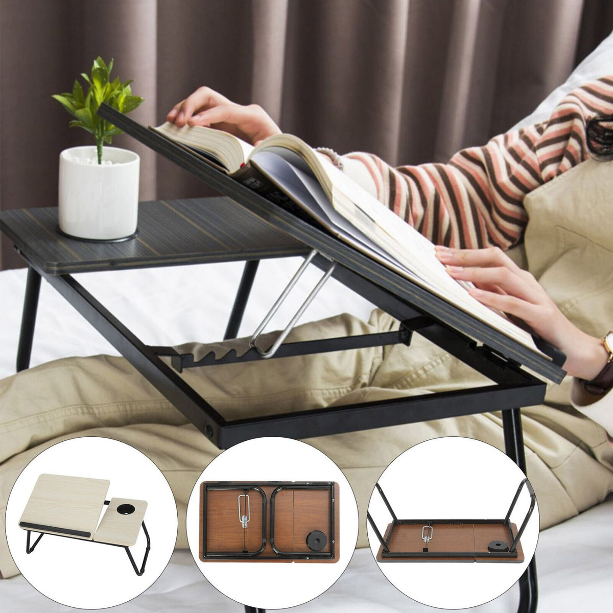 Mesa de cama dobrável para portátil com suporte para bebidas