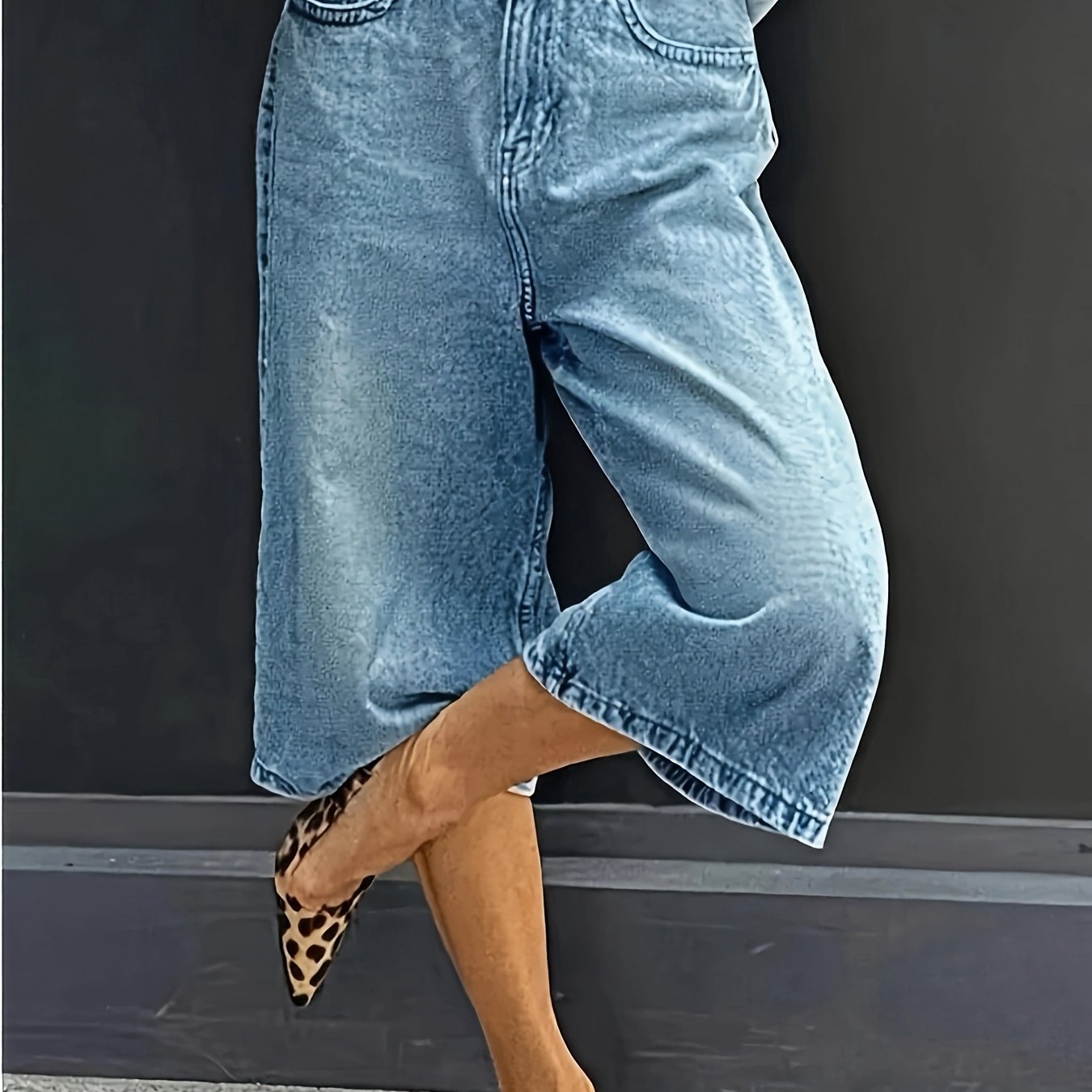 Calções de ganga plus size de cintura subida e tecido elástico – Calças casuais de verão com bolsos e corte largo.