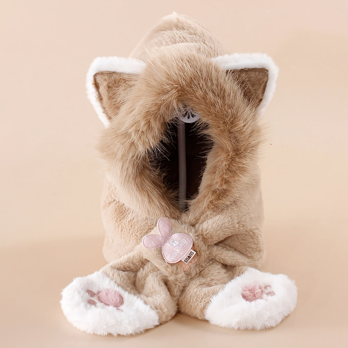 Gorro de peluche para crianças com capuz e design de gato