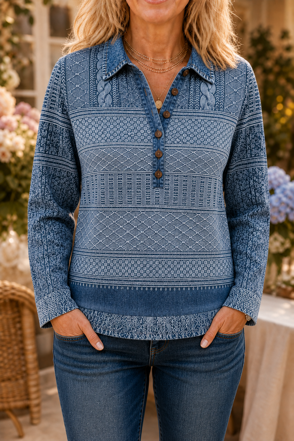 Damen Langarmshirt mit Jeansdetails und Knopfleiste