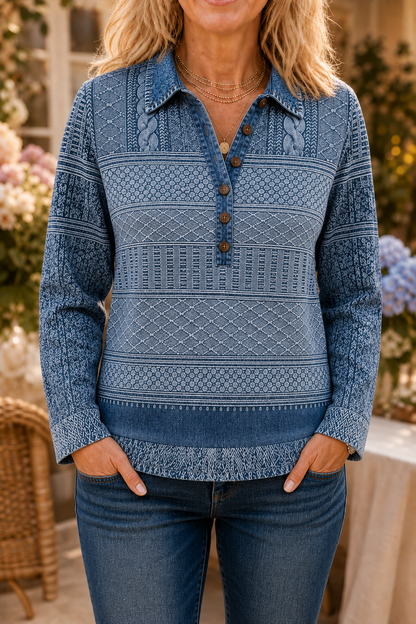 Damen Langarmshirt mit Jeansdetails und Knopfleiste