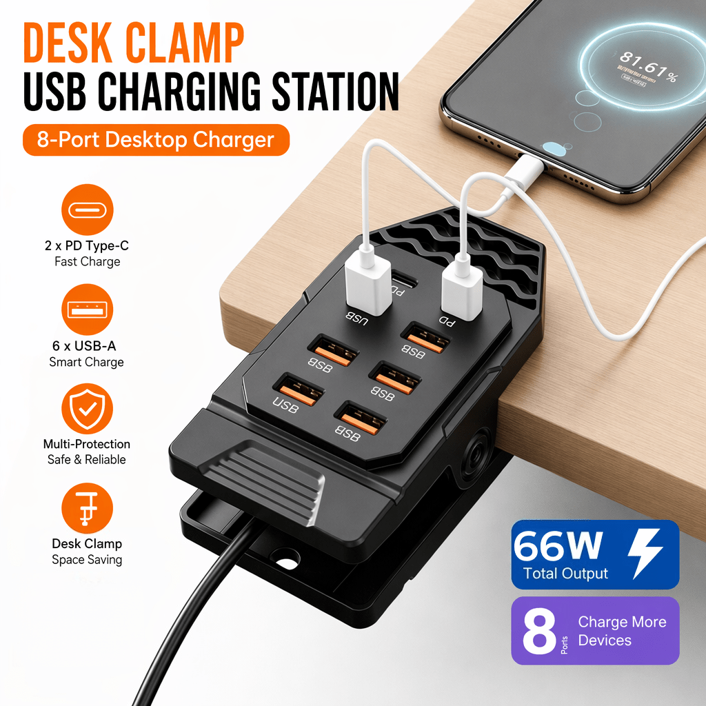 Hub de carregamento USB com 8 portas e grampo de mesa