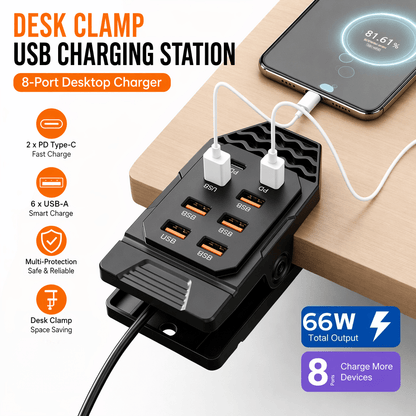 Hub de carregamento USB com 8 portas e grampo de mesa