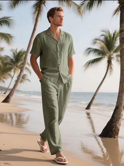 Conjunto casual para homem em linho – Confortável e arejado, com calças compridas e mangas curtas.