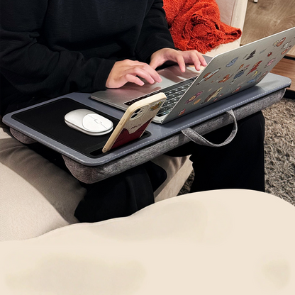 Secretária portátil para computador portátil com suporte para dispositivos e pega de transporte