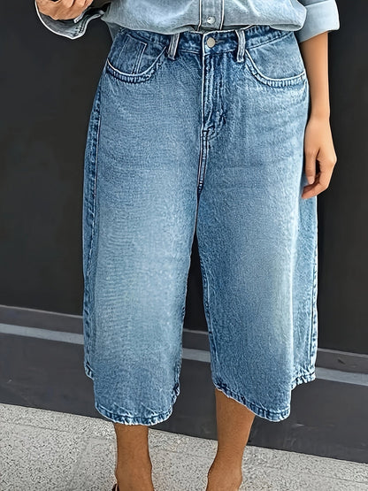 Calções de ganga plus size de cintura subida e tecido elástico – Calças casuais de verão com bolsos e corte largo.