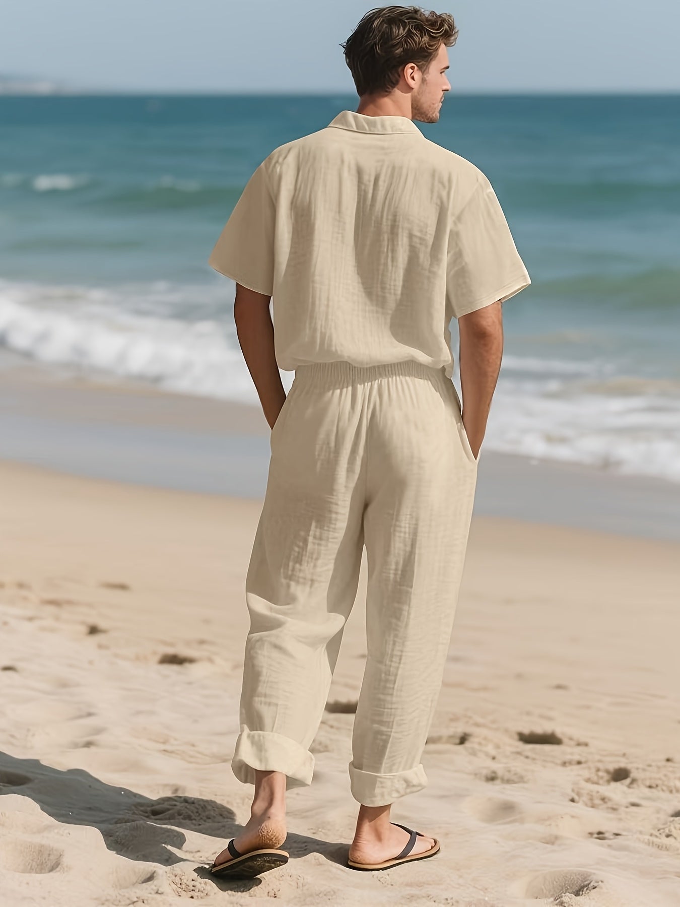 Conjunto casual para homem em linho – Confortável e arejado, com calças compridas e mangas curtas.