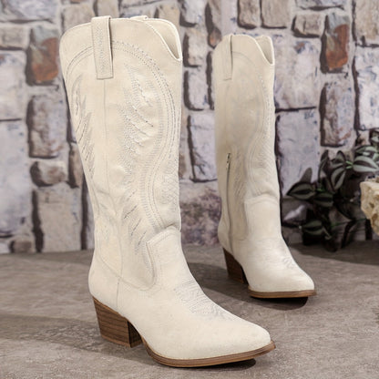 Botas vaqueras bordadas para mujer con punta puntiaguda y tacón medio