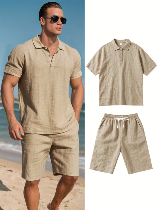 Conjunto de polo e calções de linho para homem – Confortável e casual para os dias quentes.