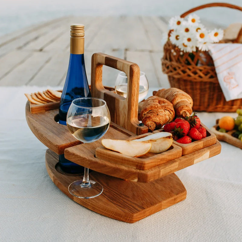 Eleganter Eichen-Picknick-Weintisch – Kompakt & Vielseitig