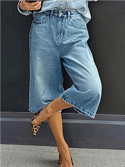 Calções de ganga plus size de cintura subida e tecido elástico – Calças casuais de verão com bolsos e corte largo.