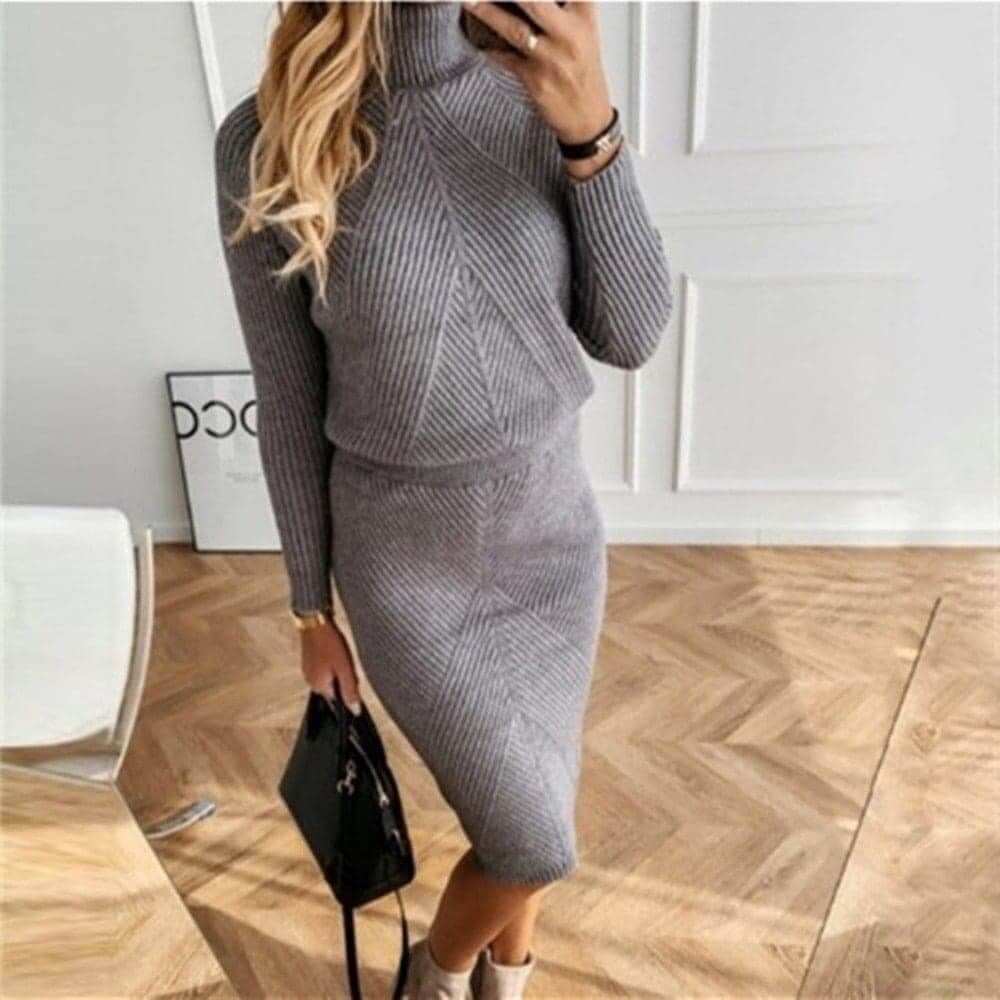 Damen Strickkleid mit Rollkragen, langen Ärmeln und geripptem Muster