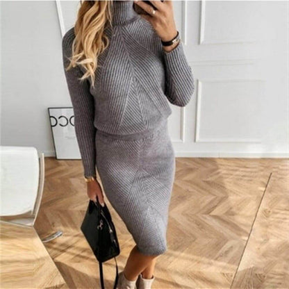 Damen Strickkleid mit Rollkragen, langen Ärmeln und geripptem Muster