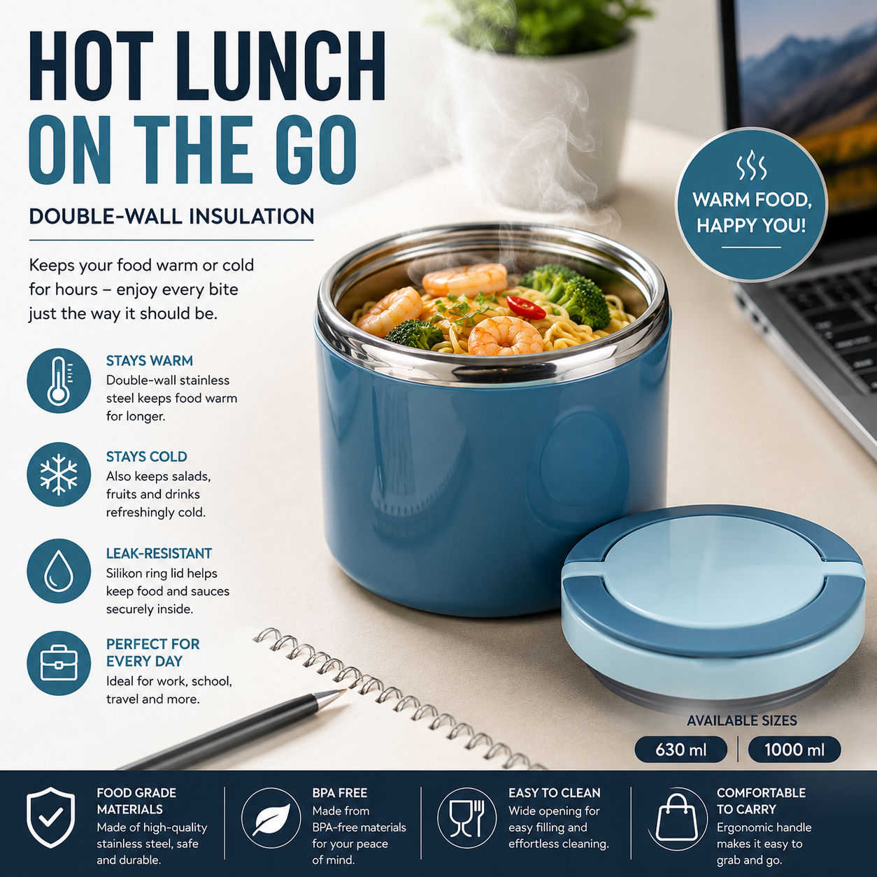 Recipiente térmico para comida de acero inoxidable de 630/1000 ml